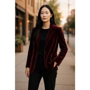 Eileen Fisher Silk Blend Velvet Blazer Jacket Medium Burgundy Pockets Holiday